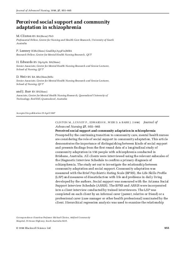 (PDF) Perceived social support and community adaptation in schizophrenia