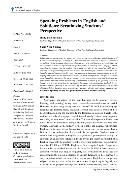 (PDF) Speaking Problems in English and Solutions: Scrutinizing Students ...