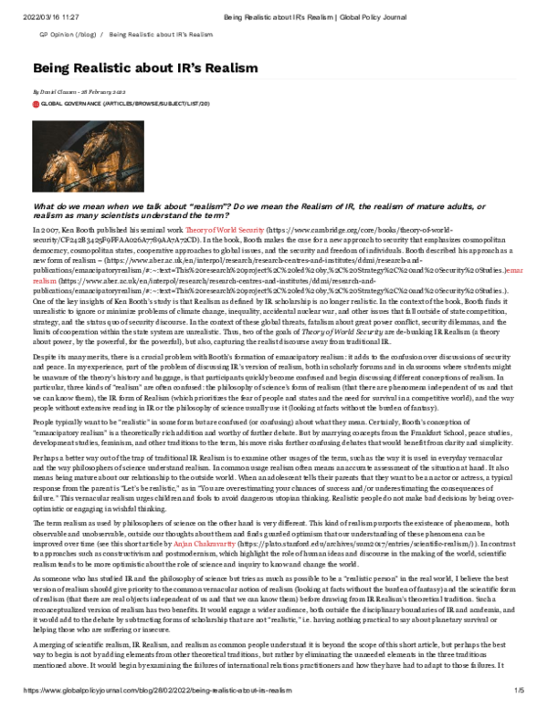 (PDF) Being Realistic about IR’s Realism Global Policy Journal