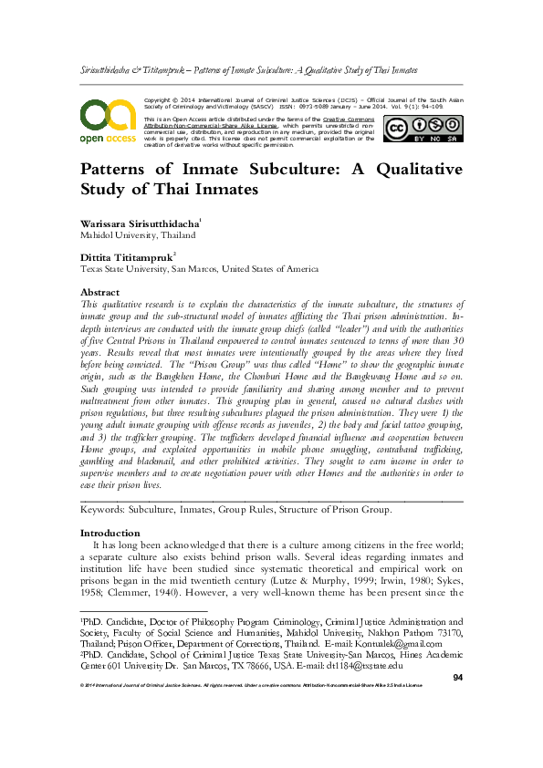 (PDF) Patterns of Inmate Subculture: A Qualitative Study of Thai Inmates