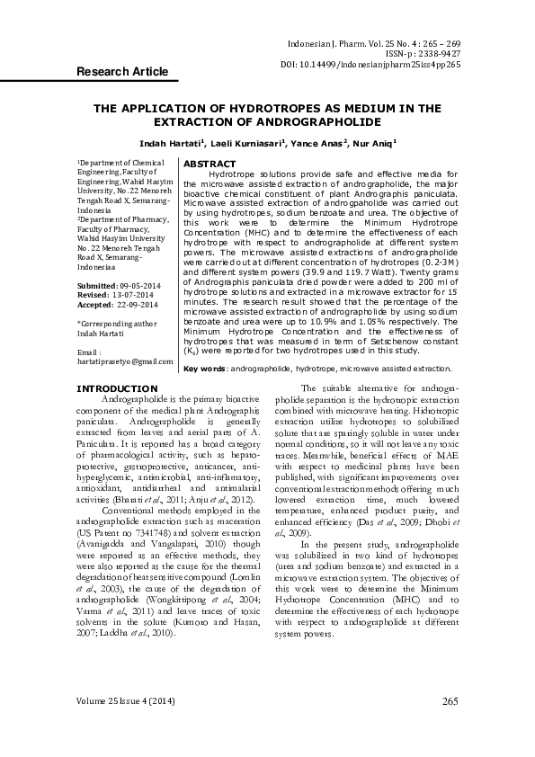 (PDF) The Application of Hydrotropes as Medium in the Extraction of ...