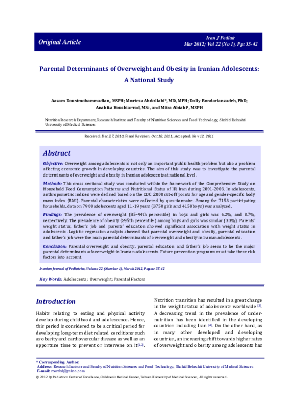 (PDF) Parental Determinants of Overweight and Obesity in Iranian ...