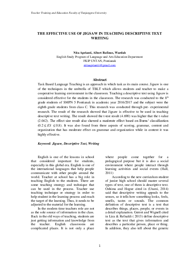 (PDF) The Effective Use of Jigsaw in Teaching Descriptive Text Writing