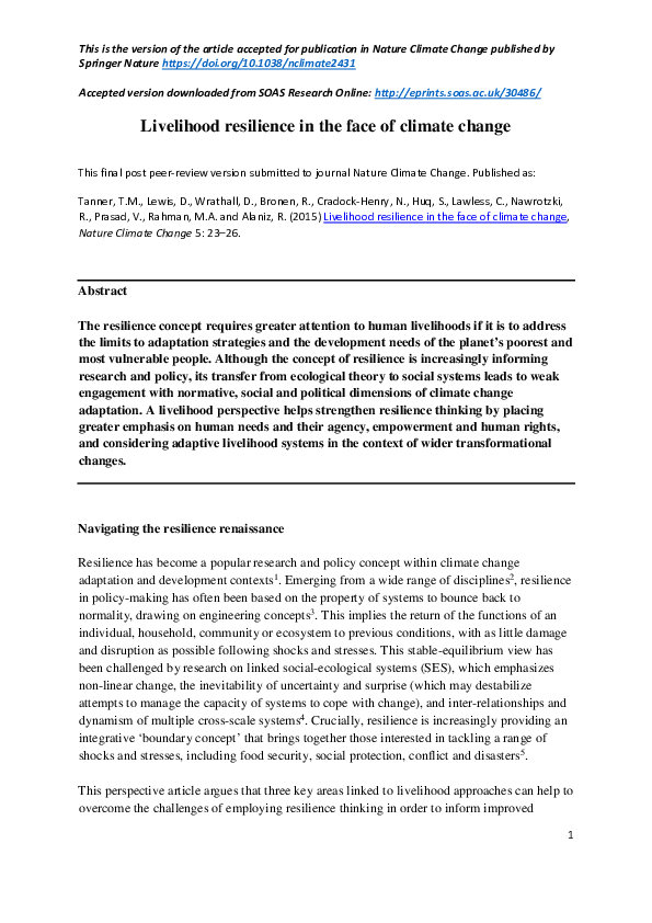 (PDF) Livelihood resilience in the face of climate change (in Nature ...