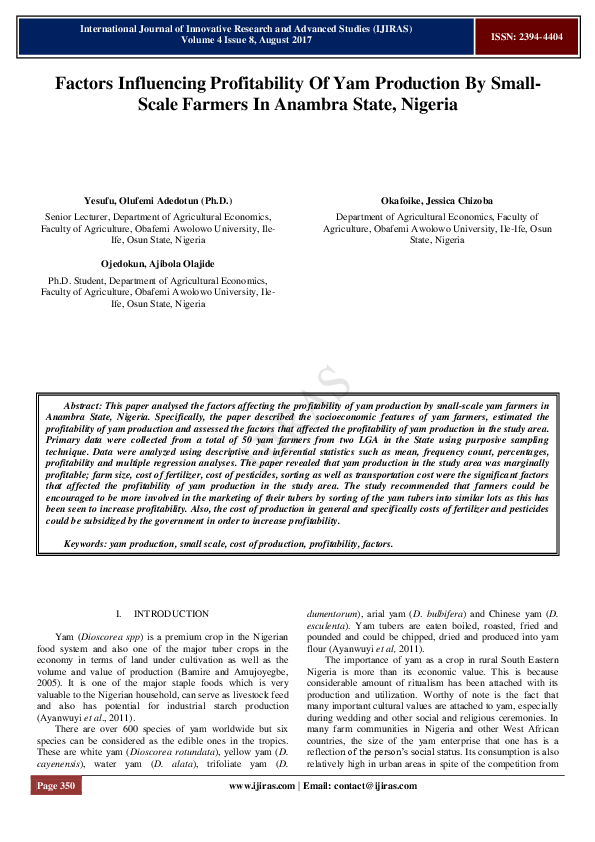 (PDF) Factors Influencing Profitability Of Yam Production By Small ...