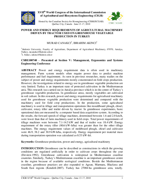 (PDF) Power and Energy Requirements of Agricultural Machinery Driven by ...
