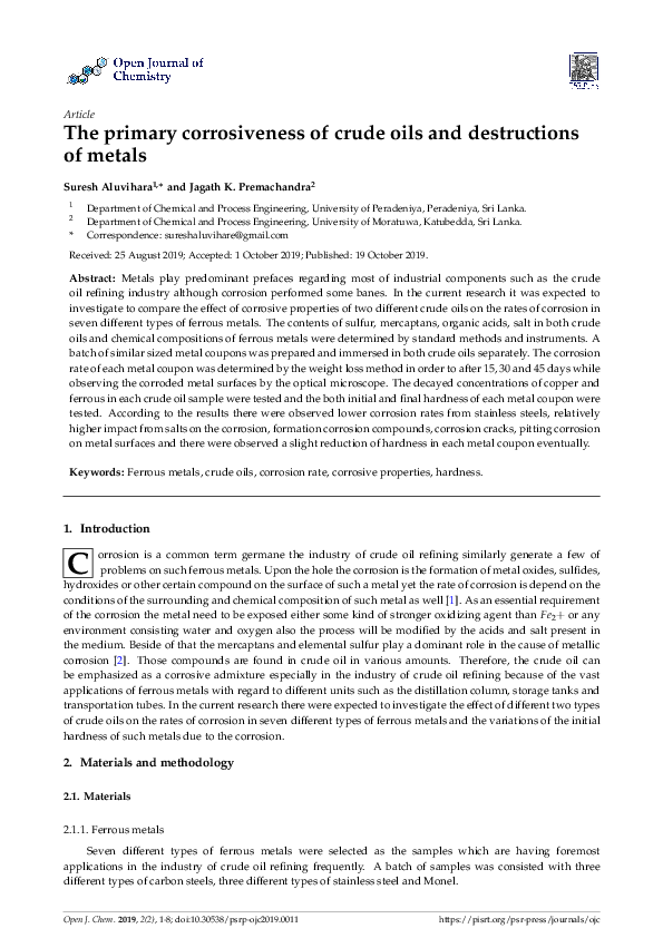 (PDF) The primary corrosiveness of crude oils and destructions of metals