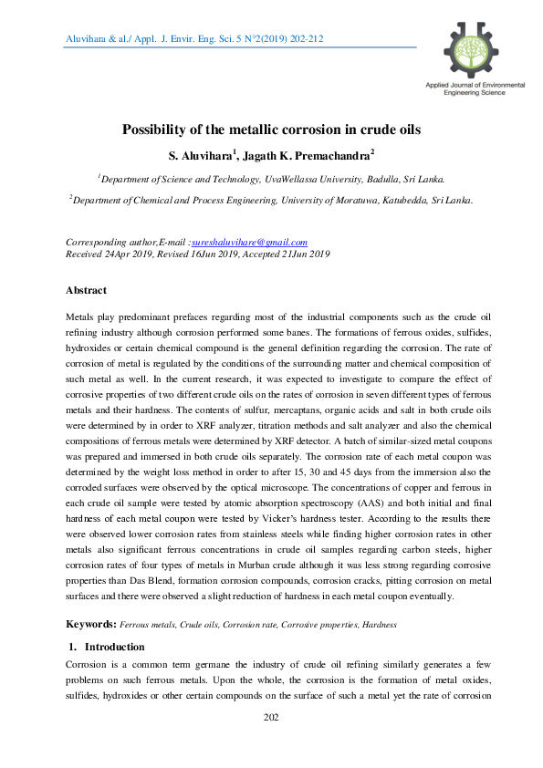 (PDF) Possibility of the Metallic Corrsion in Crude Oils