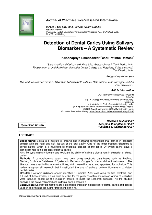 (PDF) Detection of Dental Caries Using Salivary Biomarkers – A ...