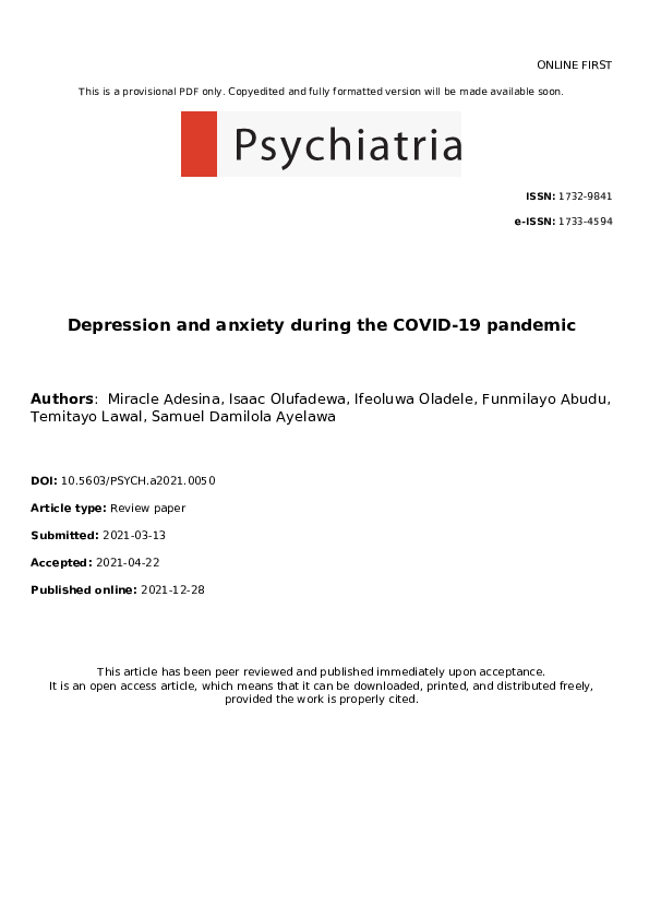(PDF) Depression and anxiety during the COVID-19 pandemic