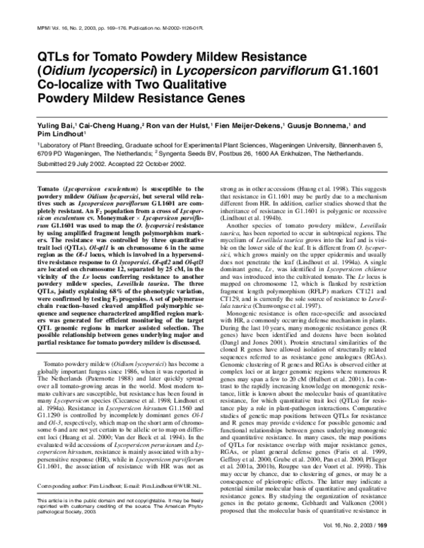 (PDF) QTLs for Tomato Powdery Mildew Resistance ( Oidium lycopersici