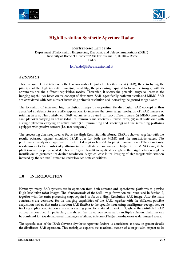 (PDF) High Resolution Synthetic Aperture Radar
