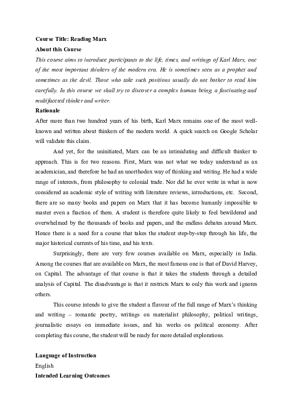 (DOC) Course Title: Reading Marx (Draft)