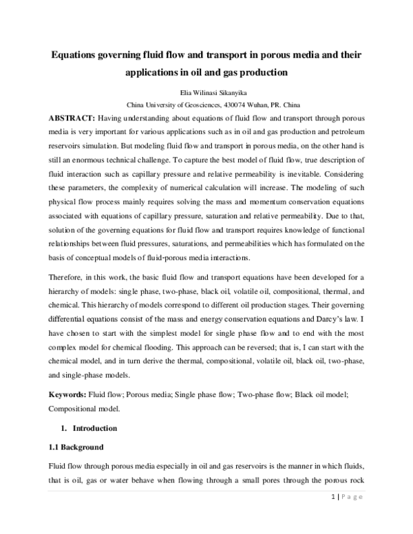(PDF) Equations governing fluid flow and transport in porous media and ...