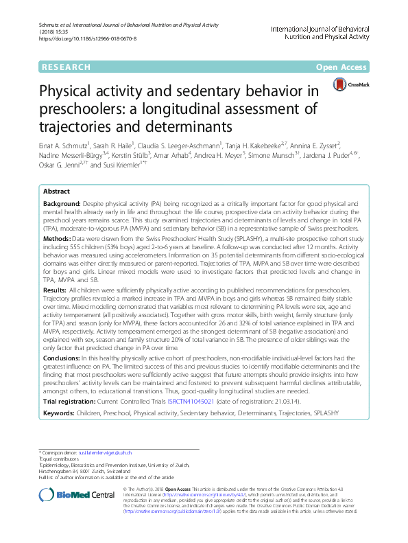 (PDF) Physical activity and sedentary behavior in preschoolers: a ...