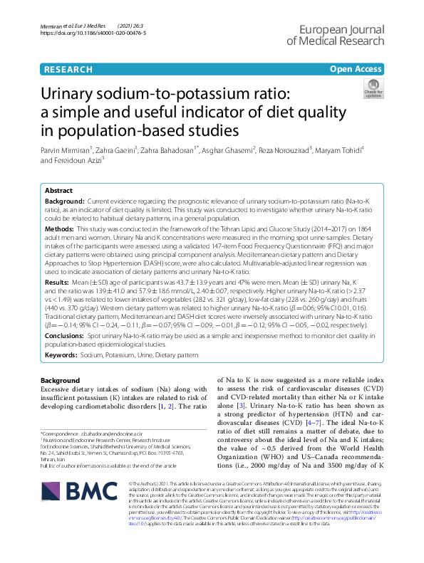 (PDF) Urinary sodium to potassium ratio: A simple and useful indicator ...
