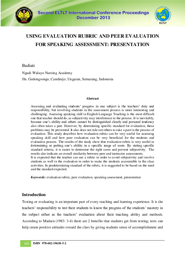 (PDF) Using Evaluation Rubric and Peer Evaluation for Speaking ...