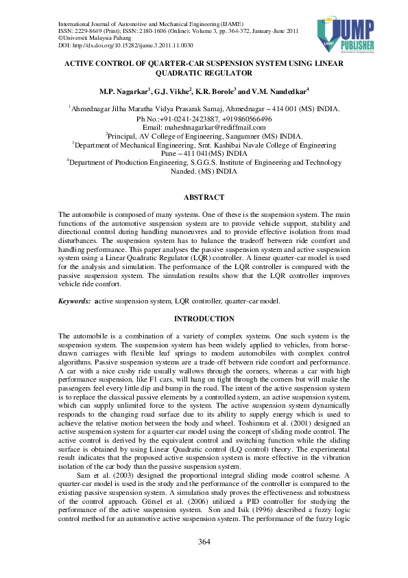 (PDF) Active Control of Quarter Car Suspension System using Linear ...