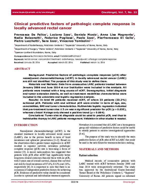 (PDF) Clinical predictive factors of pathologic complete response in ...