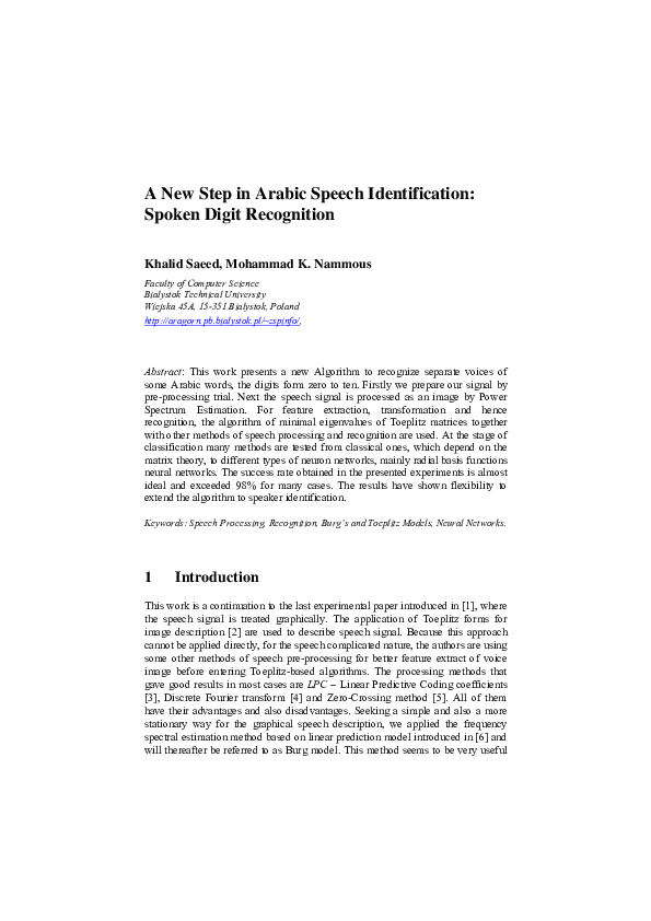 (PDF) A New Step in Arabic Speech Identification: Spoken Digit Recognition