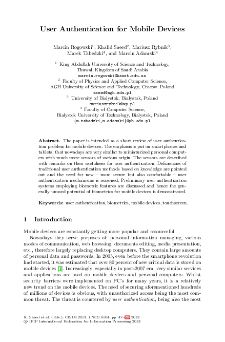 (PDF) User Authentication for Mobile Devices