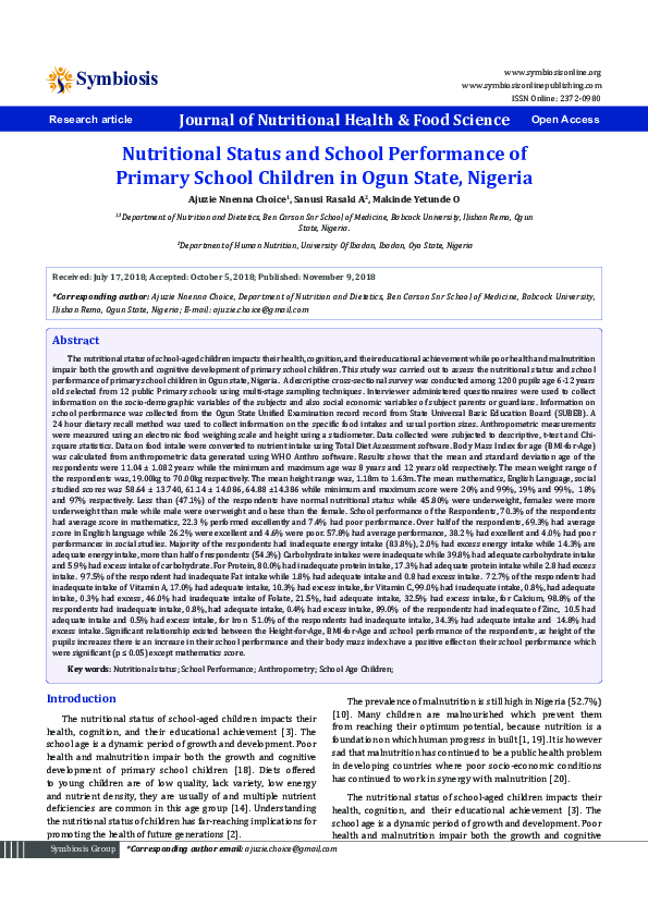 (PDF) The study of nutritional status and academic performance of ...