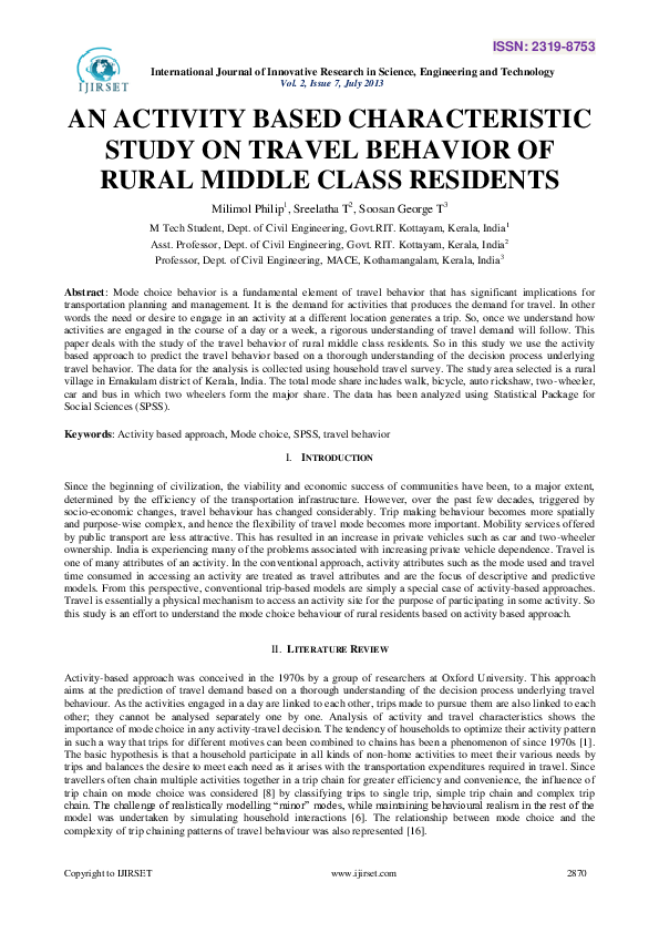 (PDF) An Activity Based Characteristic Study on Travel Behavior of ...