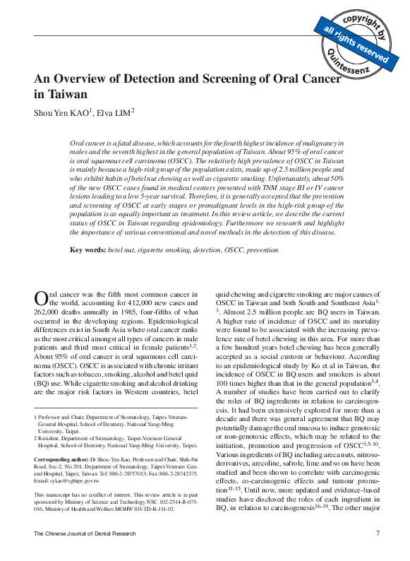 (PDF) An overview of detection and screening of oral cancer in taiwan