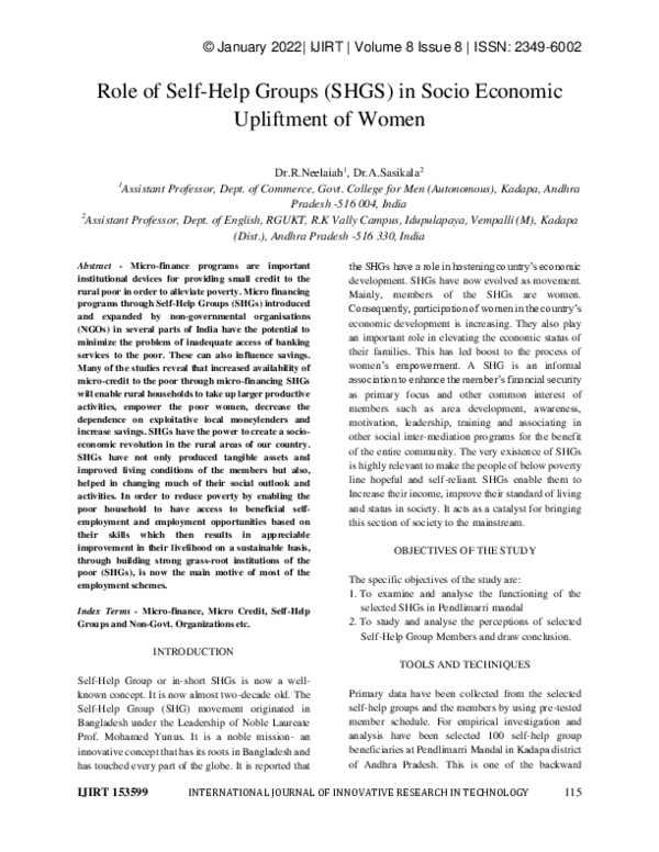 (PDF) Role of Self-Help Groups (SHGS) in Socio Economic Upliftment of Women