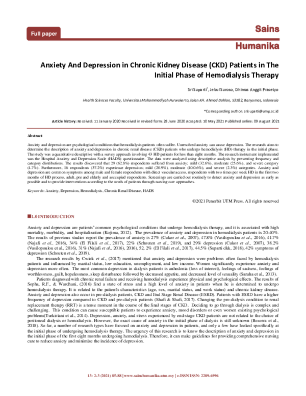 (PDF) Anxiety and Depression in CKD Patients on Initial Hemodialysis