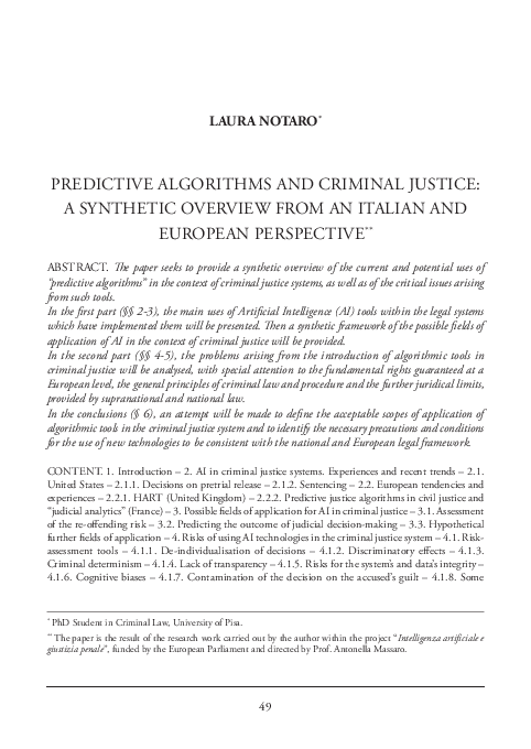 (PDF) Predictive Algorithms and Criminal Justice: a Synthetic Overview ...