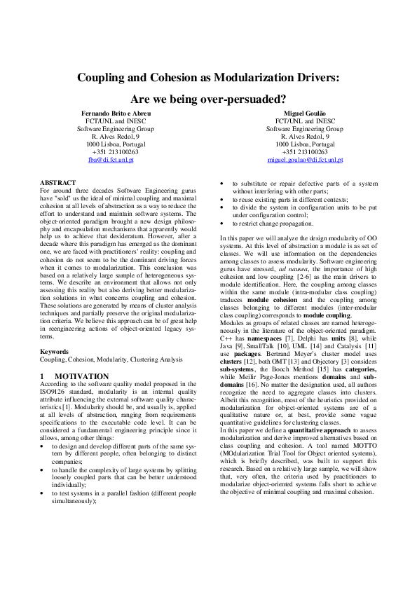 (PDF) Coupling and Cohesion as Modularization Drivers Are we being
