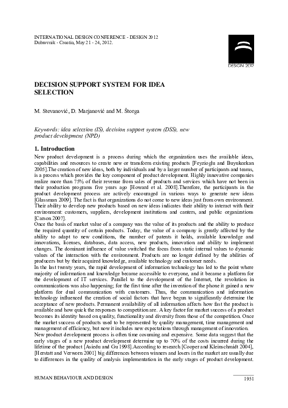 (PDF) Decision Support System for Idea Selection | Milan Stevanović ...