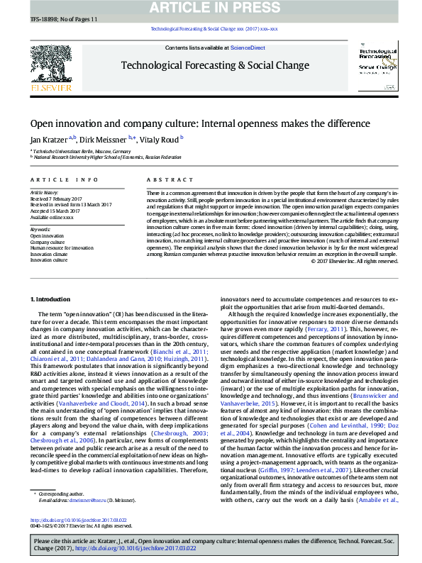 (PDF) Open innovation and company culture: Internal openness makes the ...