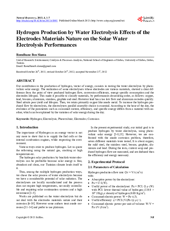 (PDF) Hydrogen Production by Water Electrolysis Effects of the ...