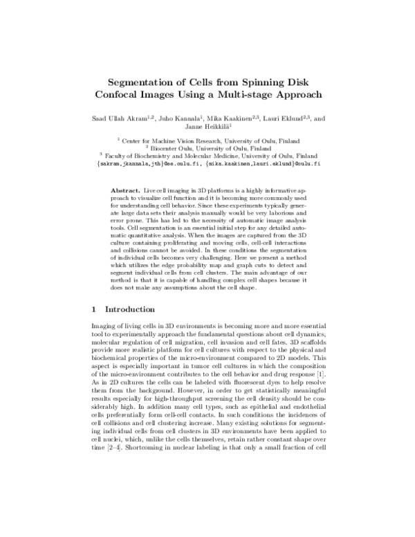(PDF) Segmentation of Cells from Spinning Disk Confocal Images Using a ...