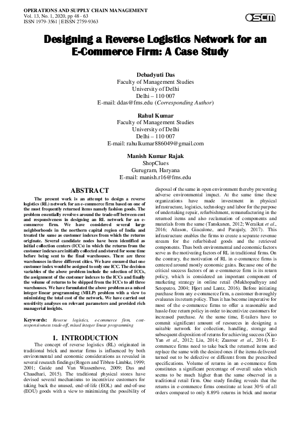 (PDF) Designing a Reverse Logistics Network for an E-Commerce Firm: A ...