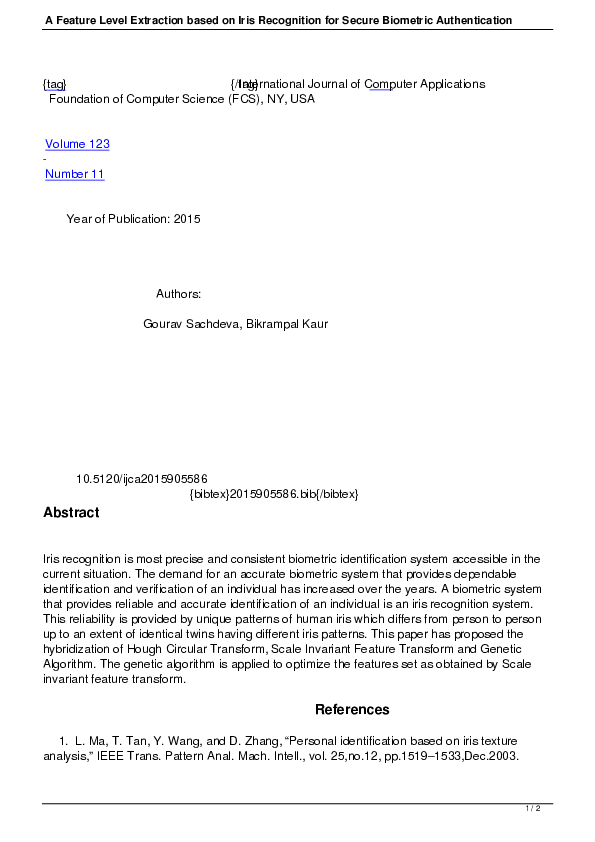(PDF) A Feature Level Extraction based on Iris Recognition for Secure ...