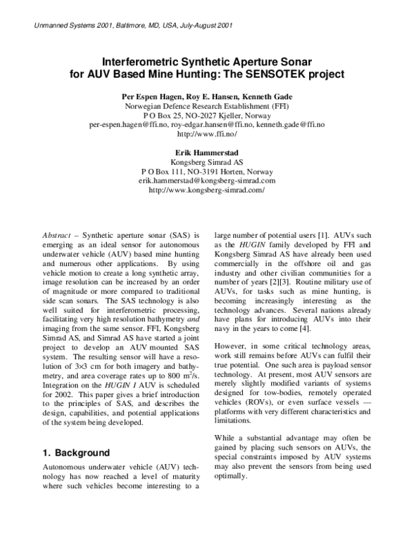 (PDF) Interferometric synthetic aperture sonar for AUV based mine ...