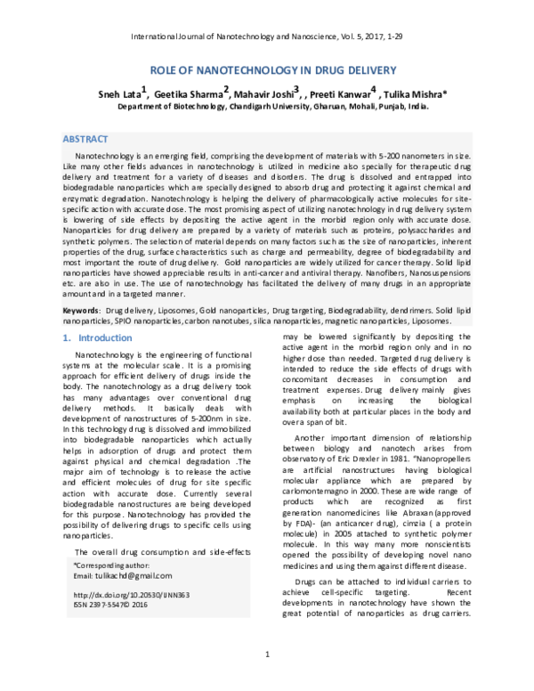 (PDF) Role of Nanotechnology in Drug Delivery