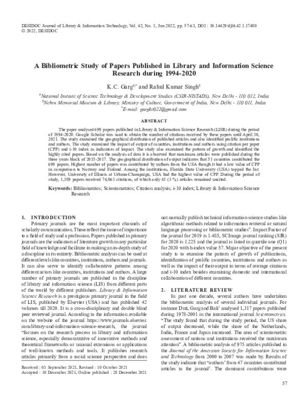 (PDF) A Bibliometric Study of Papers Published in Library and ...