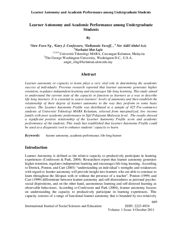 (PDF) Learner Autonomy and Academic Performance among Undergraduate ...