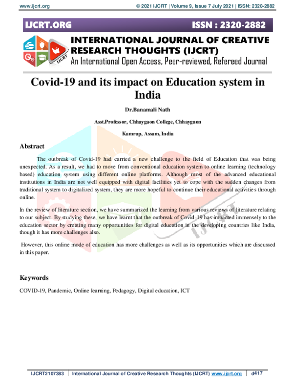 (PDF) Covid-19 and its impact on Education system in India