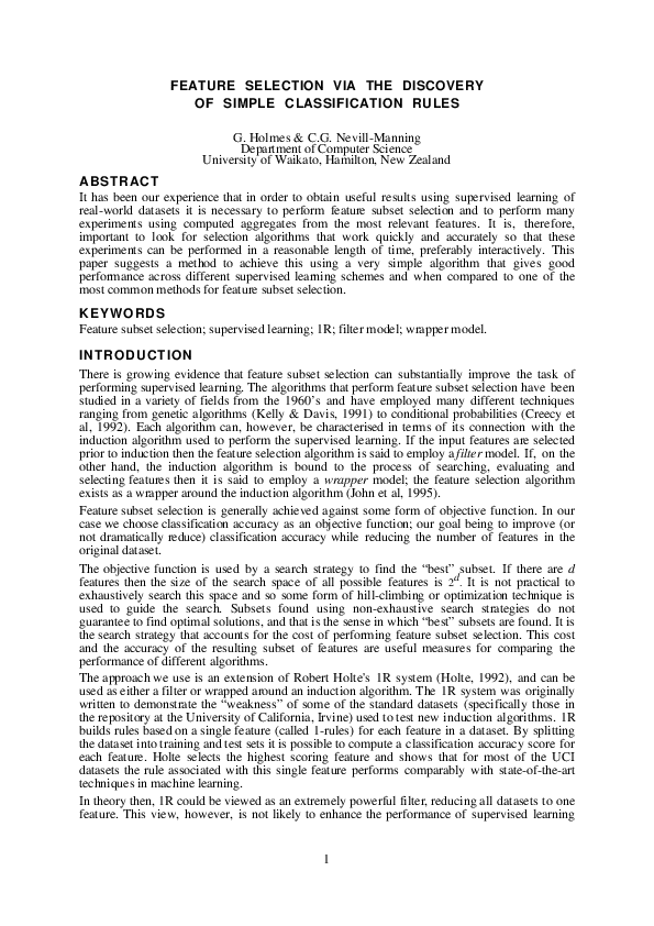(PDF) Feature Selection via The Discovery of Simple Classification Rules