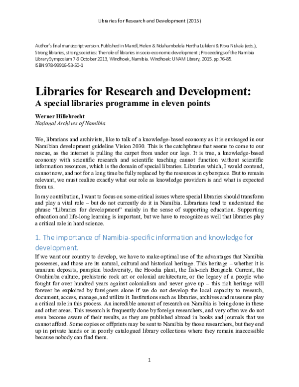 (PDF) Libraries for Research and Development: A special libraries ...