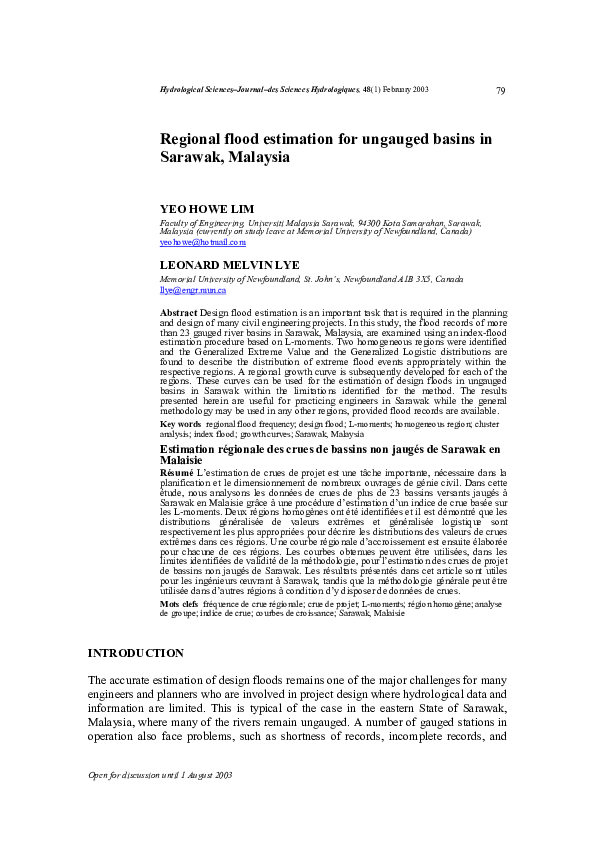 (PDF) Regional flood estimation for ungauged basins in Sarawak, Malaysia