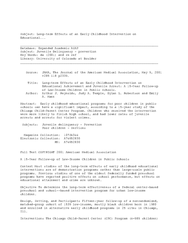 (PDF) Title: Long-term Effects of an Early Childhood Intervention on ...