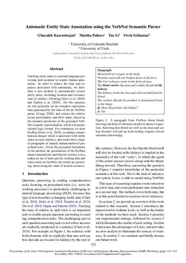 (PDF) Automatic Entity State Annotation using the VerbNet Semantic Parser
