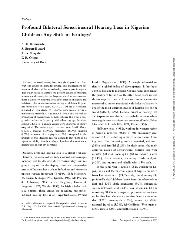 (PDF) Profound Bilateral Sensorineural Hearing Loss in Nigerian ...