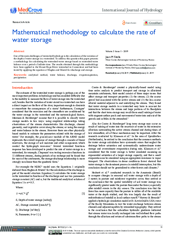 (PDF) Mathematical methodology to calculate the rate of water storage